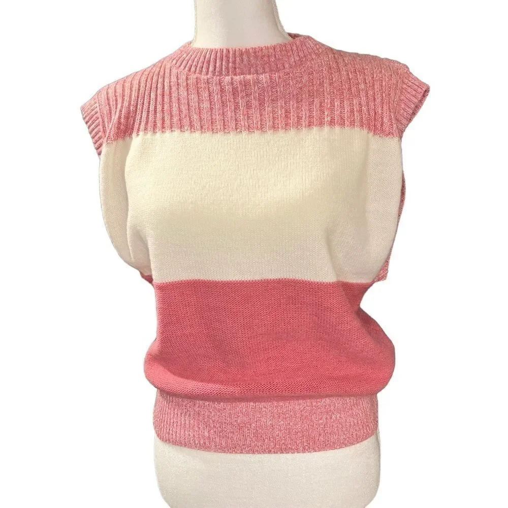Vintage sweater PULLOVER VEST RIBBED KNIT PINK‎ & CREAM SIZE MEDIUM